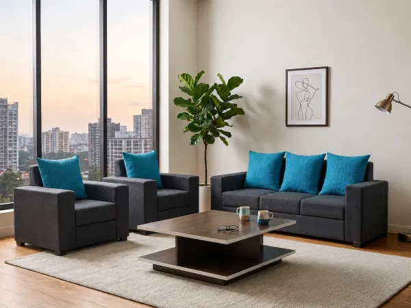 Hugo Upholstered Sofa Set In Livid Color With Rio Centre Table
